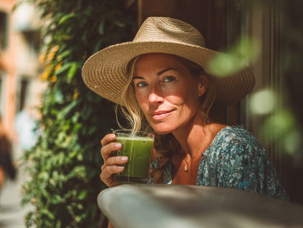 feel good attitude, european late summer vibes. Drinking green detox juice